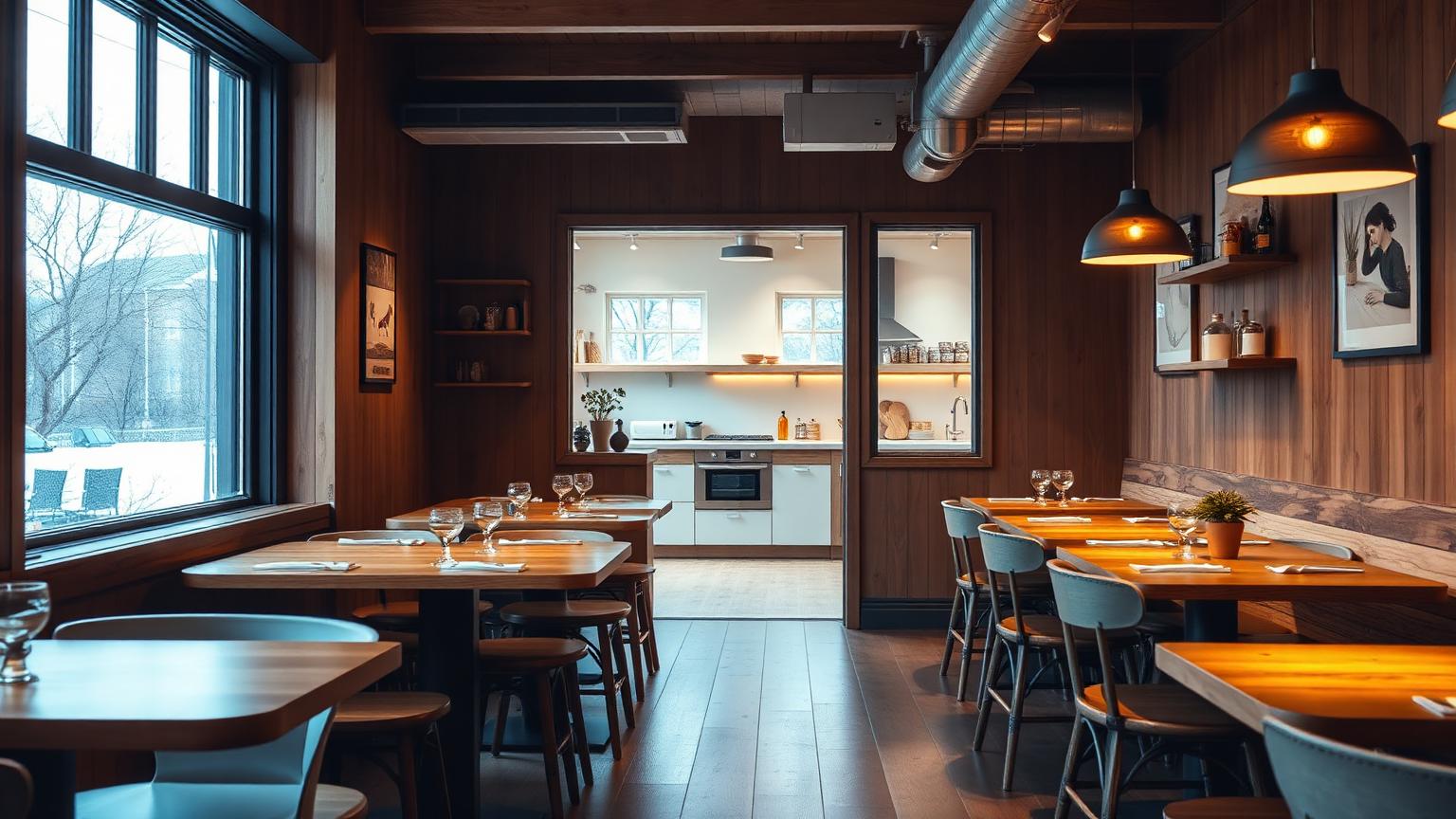 Moderni suomalainen ravintola, lämmin tunnelmavalaistus ja katettu pöytä